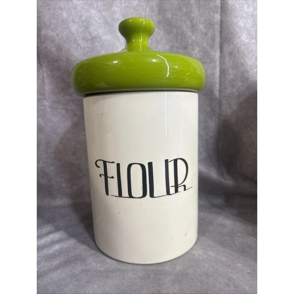 VINTAGE MCM HOLIDAY DESIGNS CERAMIC FLOUR CANISTER‎ GREEN MUSHROOM LID 13
